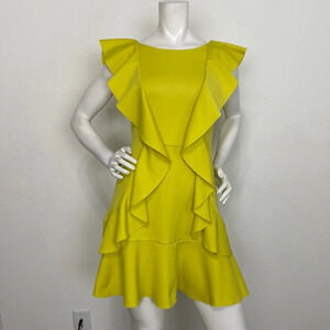 Asos Neon Yellow Ruffle Bow Open Back Sleeveless Poplin Mini Dress Size 6